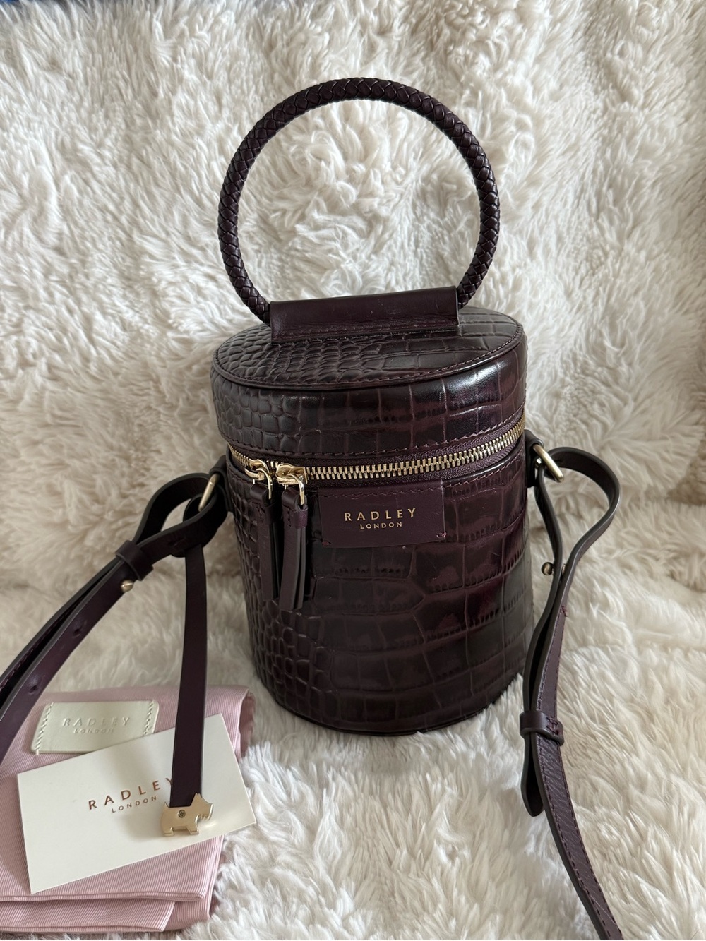 RADLEY LONDON Croc-Embossed Barrel Bag in Deep Plum